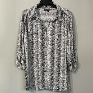 Always Indigo polyester & spandex black & white speckled button down shirt; 1X